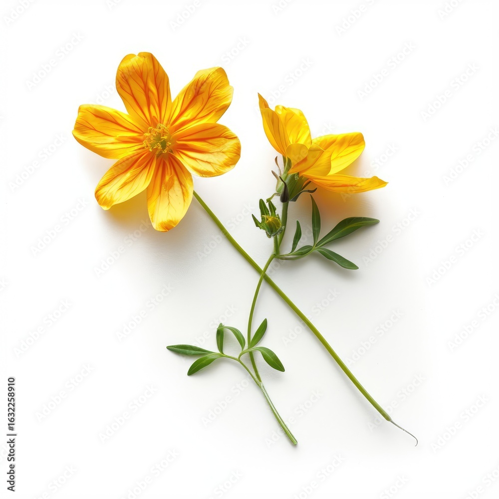 Fototapeta premium Two vibrant yellow flowers, with orange-yellow centers and green leaves, arranged on a white background