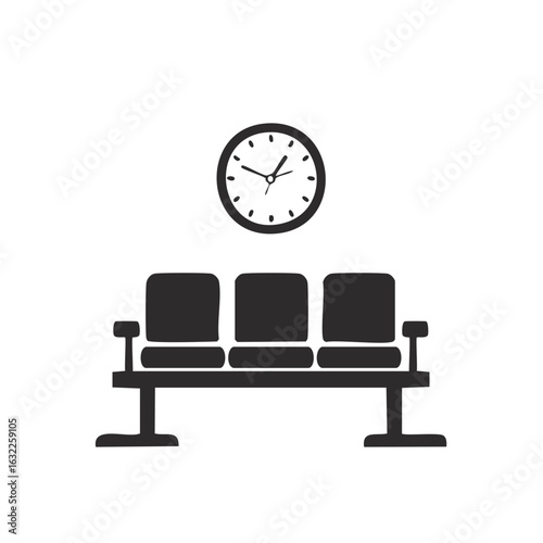 Waiting room illustration with seats and clock, waiting area with chairs, monochrome lounge symbol