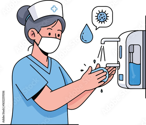 A female nurse in a uniform and face mask washes her hands with soap to prevent the spread of viruses.