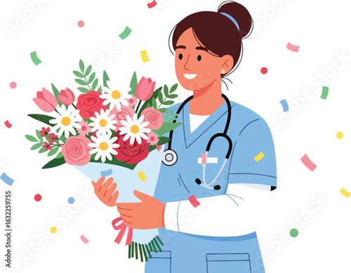 A happy nurse in blue scrubs with a stethoscope is celebrated with a large bouquet of flowers and confetti.