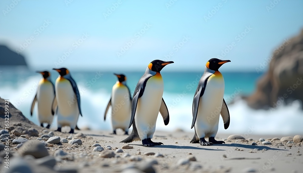 Fototapeta premium King penguins standing on the beach in the Falkland Islands.