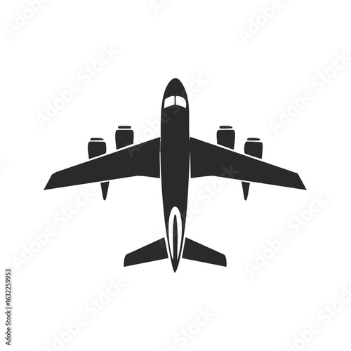 Four engine passenger jet airplane top view black silhouette icon for travel and transportation