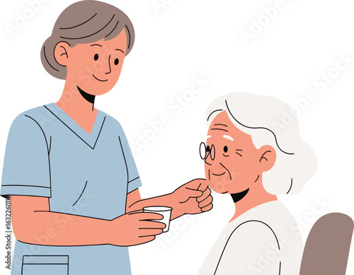 A compassionate nurse helps an elderly woman take her medication from a small cup.