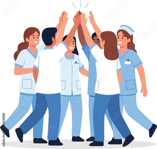 A diverse team of smiling doctors and nurses in scrubs celebrating together with a group high-five.
