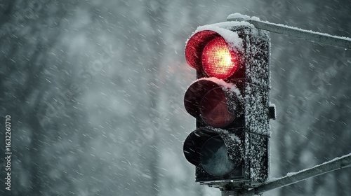 Red traffic light in heavy snow