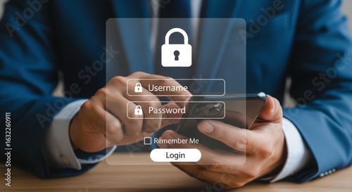 Secure digital login interface with lock icon overlay. Professional person in blue suit using smartphone. Cybersecurity and technology theme with login form.