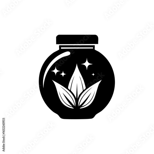 Magical Leaf Potion in a Round Jar with Sparkles Silhouette Vector Icon