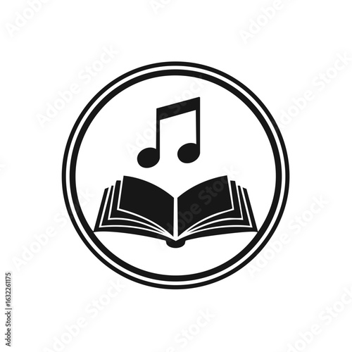 Open book with music notes inside a circle symbol illustration