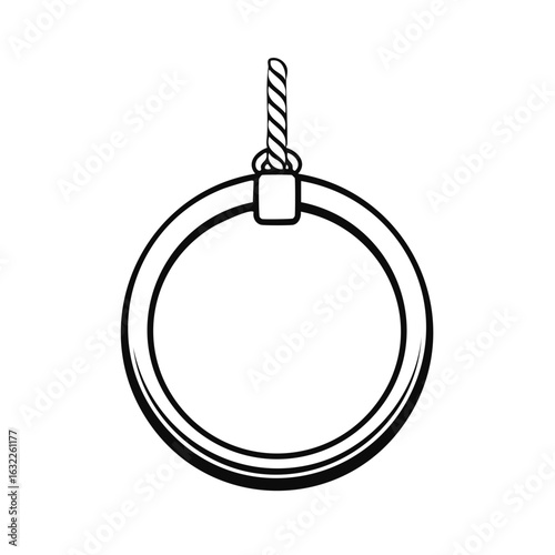 Black and white line art of a single gymnastic ring for fitness and exercise