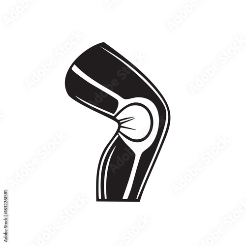 Human knee joint anatomy icon showing bones and articulation in a black and white graphic style