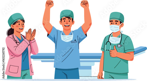 A team of surgeons and doctors celebrating a successful operation with cheers and applause in the hospital.