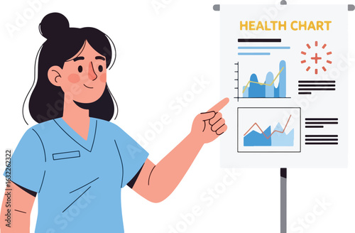 A female nurse in blue scrubs points to a health chart with graphs and data.