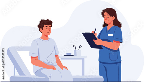 A female nurse in scrubs interviews a male patient sitting on a hospital bed, taking notes on a clipboard.