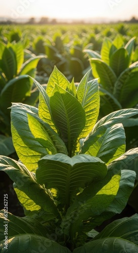 Lush green tobacco field under natural sunlight. Agricultural growth and farming concept. Vibrant tobacco leaves in sunlight.