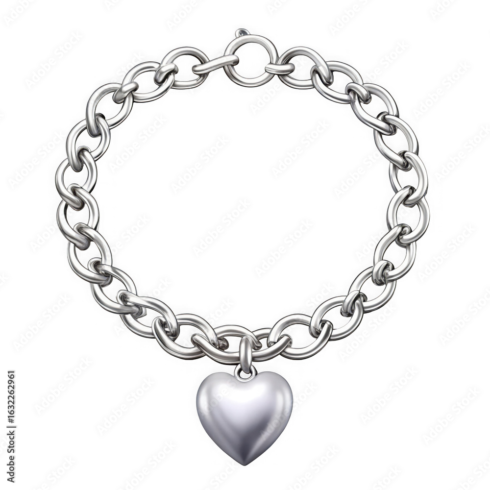Obraz premium Elegant silver heart locket charm bracelet with oval links isolated on transparent background