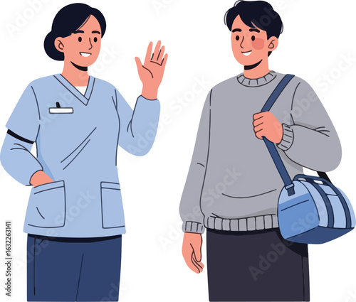 A friendly female nurse in blue scrubs waves at a young man carrying a blue duffel bag over his shoulder.