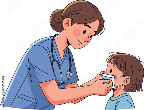 A friendly female nurse in blue scrubs helps a young child put on a protective face mask.