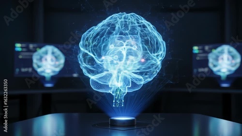 Futuristic Brain Hologram Displayed In Dark Room With Computer Monitors and Blue Glow