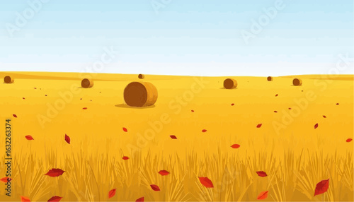 Autumn landscape with golden field and hay bales under blue sky  