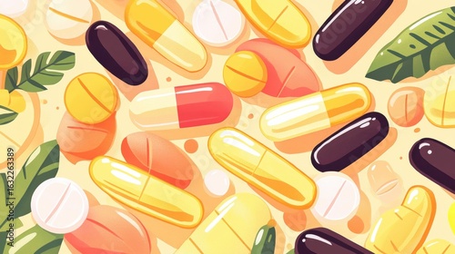Vibrant Illustrations of Dietary Supplements and Pills