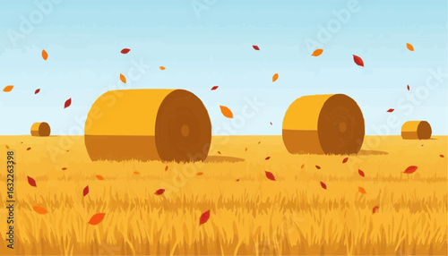 Hay bales in golden field with falling autumn leaves  