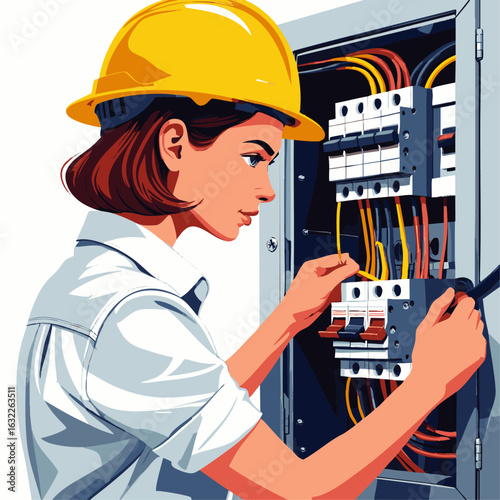A skilled female electrician wearing a hard hat meticulously performs electrical maintenance on a complex circuit panel, ensuring safety and functionality.