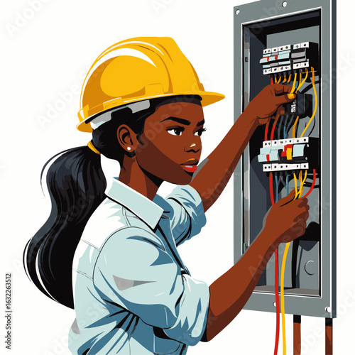 A skilled female electrician meticulously connects colorful wires inside an electrical panel, ensuring proper power distribution and system safety.