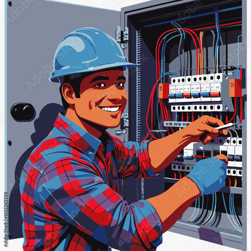 A professional electrical technician wearing a blue hard hat and gloves expertly works on an open circuit breaker panel, ensuring safe and efficient power distribution.