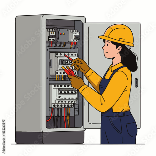 A skilled female electrician meticulously inspects and repairs complex wiring within an industrial electrical panel, ensuring system safety and efficiency.