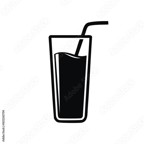 Simple vector icon of a glass with a drink and straw. Black silhouette of a beverage.
