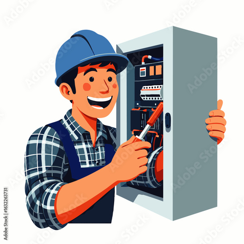 A smiling professional electrician in a hard hat meticulously works on an electrical panel, ensuring safe and efficient power systems.