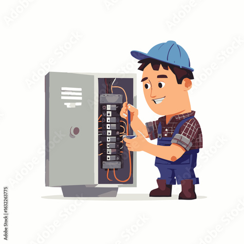 A skilled professional electrician wearing a cap and overalls diligently works on a residential electrical panel, performing maintenance and ensuring safety.