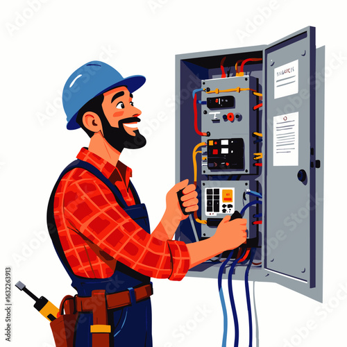 A skilled electrician in a hard hat and plaid shirt expertly connects wires inside a commercial electrical panel, ensuring safe power distribution.