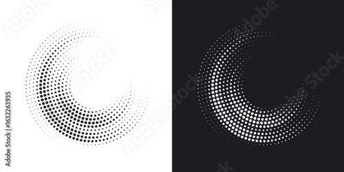 Halftone circle frame dotted background set. Round border Icon using halftone random circle dots raster texture. Grunge circular stain. Vector illustration.