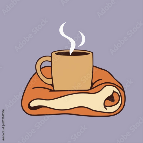 Cozy cup of steaming coffee on orange blanket with purple background  