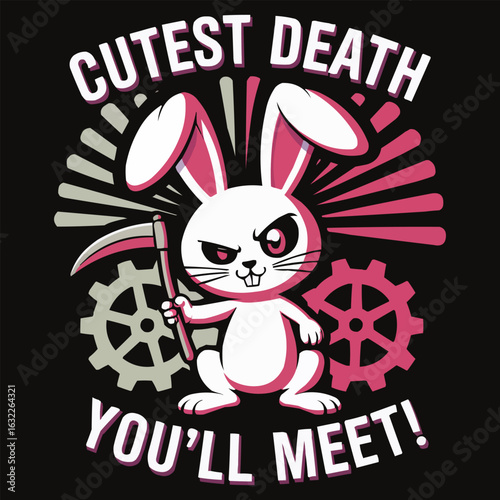 Cute yet menacing bunny rabbit with scythe posing with gears on a dark background for whimsical design applications