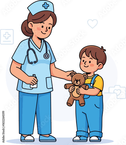 A friendly female nurse in a blue uniform comforts a young boy patient holding a teddy bear.