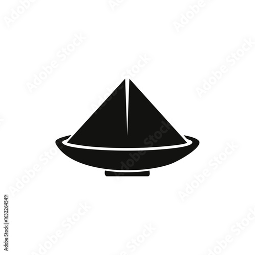 Black icon of a simple sailboat with two sails and a hull on a white background