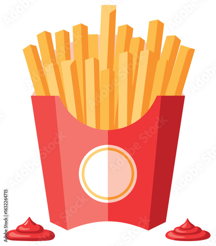 Crispy French fries in a red paper box with ketchup in a flat vector illustration - Perfect for fast food menus, snack designs, and restaurant branding projects