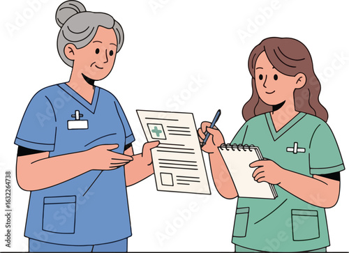 An experienced senior nurse shows a medical chart to a younger colleague who is taking notes on a notepad.