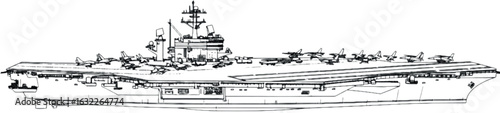 Blueprint Line Art of USS Nimitz Aircraft Carrier | Technical Drawing Style Naval Schematic – Detailed Warship Deck Design
