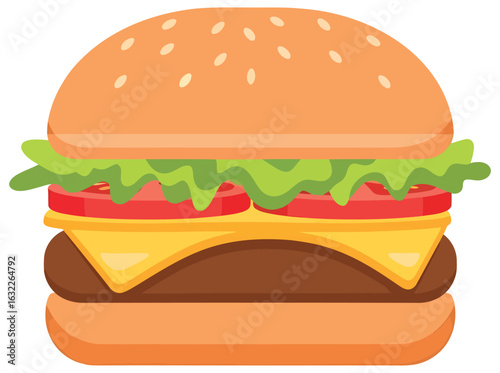 Delicious cheeseburger with lettuce, tomato, and melted cheese in a clean flat vector design - Perfect for fast food menus, snack illustrations, and restaurant branding concepts