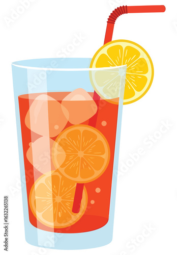 Refreshing glass of orange juice with ice cubes, straw, and lemon slice in a flat vector design - Perfect for summer drink themes, healthy beverage branding, and tropical concepts