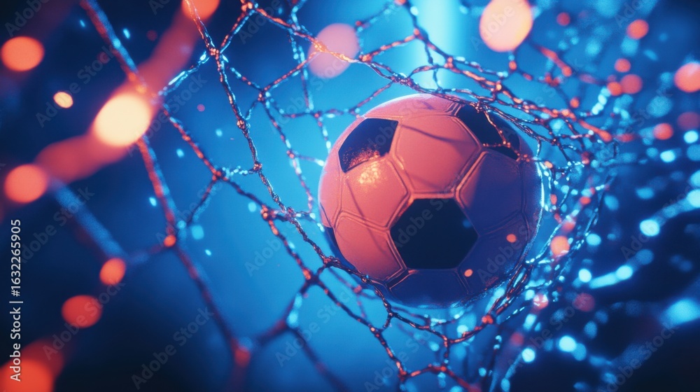 Fototapeta premium Futuristic soccer ball in a net with glowing particles against a blue backdrop