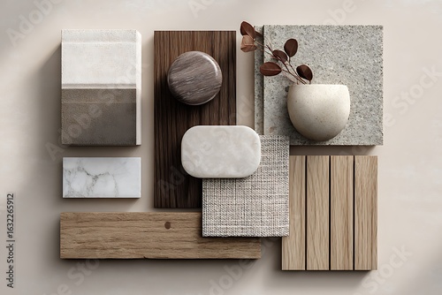Elegant interior design mood board showcasing textures, materials, and natural elements for inspiring design projects