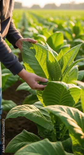 Close-up of hand holding vibrant green tobacco leaf in sunny field. Agricultural scene with blurred rows of plants.