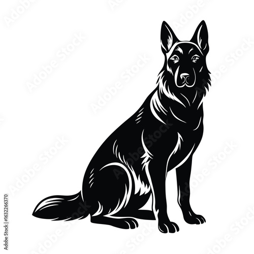 German Shepherd Sitting Silhouette Black and White