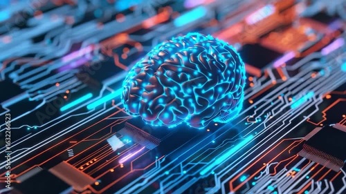 hologram brain that glows above the circuit board and computing unit. Motion image of generative AI and machine learning