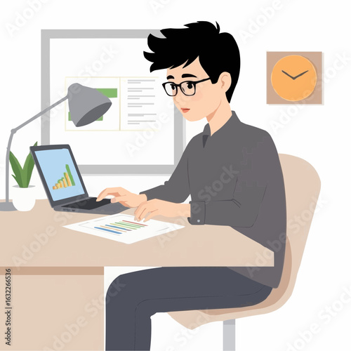 Young man working on laptop with charts at home office desk  