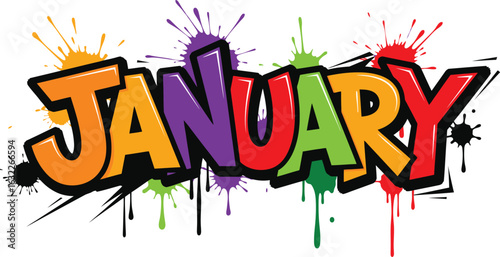 Colorful graffiti January text with paint splatter design